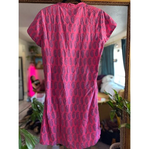 Women's Boho Pink Cotton Kurti Dress with Blue Print Short Sleeve Indian Tunic M - Picture 2 of 2